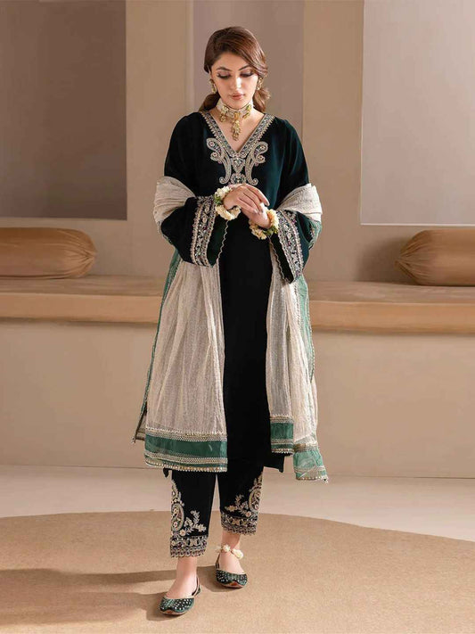 Floral Embroidered Velvet V-Neck A-Line Kurta with Trousers & Dupatta