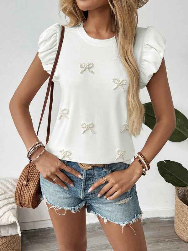 Bowknot Puff Sleeve T-Shirt: Beaded, Round Neck, Pullover