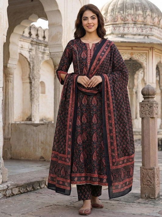 Women Ethnic Motifs Printed Regular Thread Work Pure Cotton Kurta with Trousers & With Dupatta