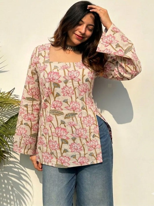 Floral Printed Square Neck Pure Cotton Kurti