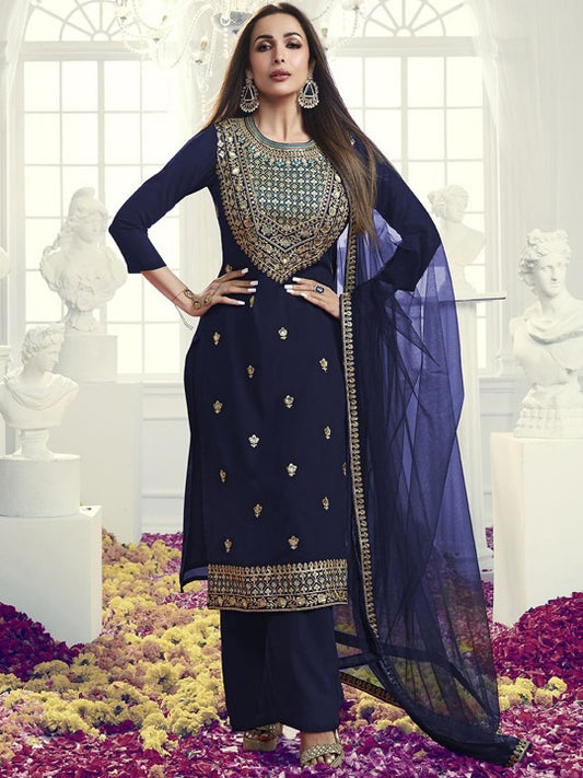 Navy Blue Floral Embroidered Sequinned Georgette Kurta with Palazzo & Dupatta