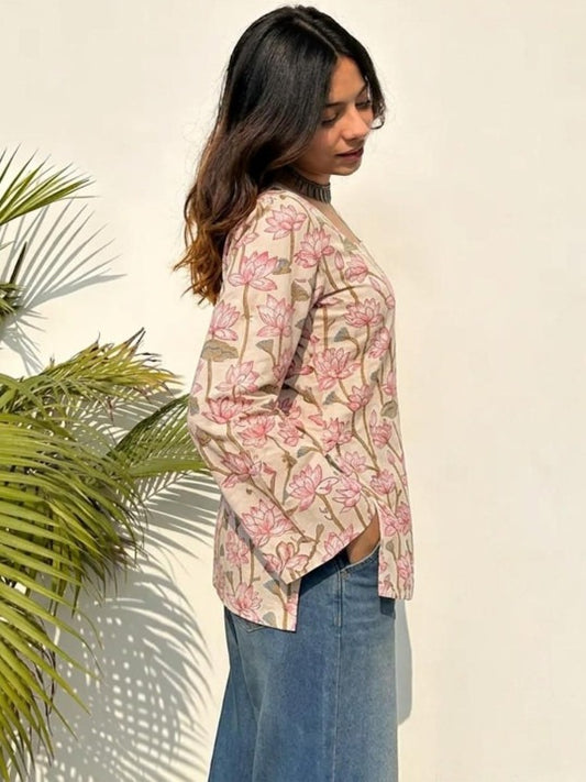 Floral Printed Square Neck Pure Cotton Kurti