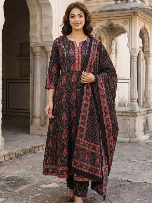 Women Ethnic Motifs Printed Regular Thread Work Pure Cotton Kurta with Trousers & With Dupatta