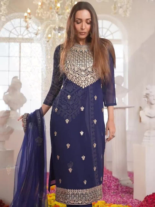 Navy Blue Floral Embroidered Sequinned Georgette Kurta with Palazzo & Dupatta
