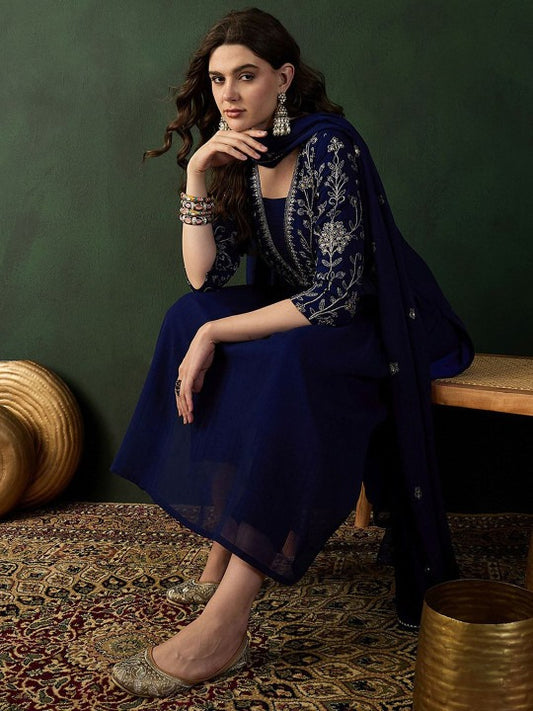 Navy Blue Ethnic Motifs Embroidered A-Line Kurta With Trouser & Dupatta