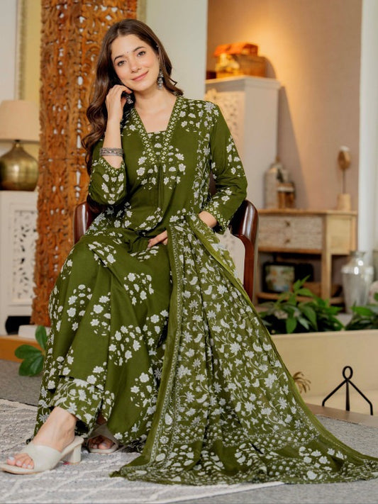 Women Printed Regular Aari Work Pure Cotton Kurta with Trousers & With Dupatta
