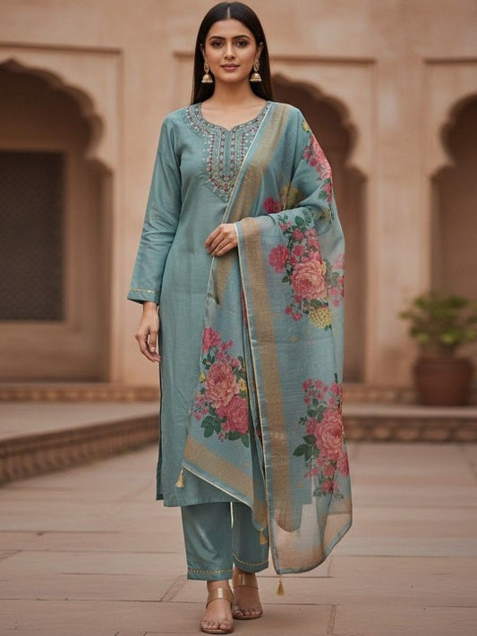 Women Embroidered Regular Kurta with Trousers & With Dupatta