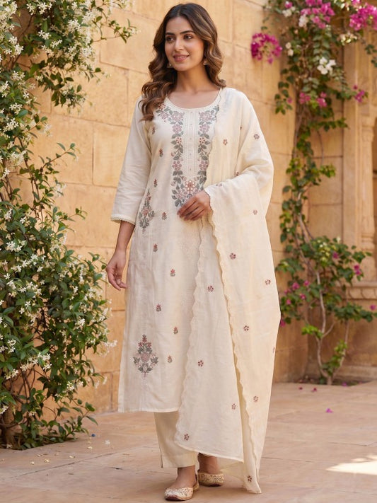 Floral Embroidered Thread Work Chanderi Cotton Kurta with Trousers & With Dupatta
