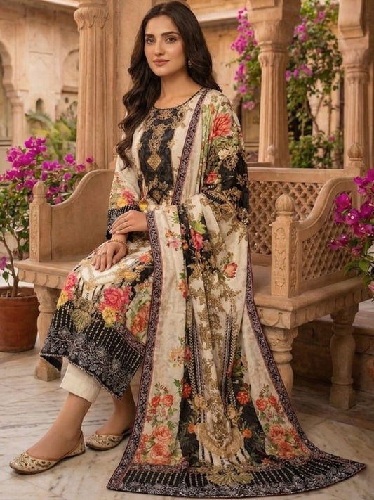 Women Ethnic Motifs Printed Regular Sequinned Pure Silk Kurta with Trousers & With Dupatta