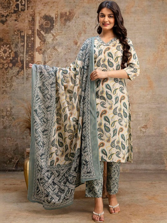 Women Paisley Printed Regular Pure Cotton Kurta with Trousers & With Dupatta