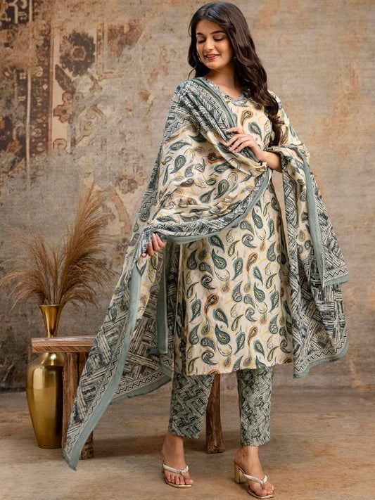 Women Paisley Printed Regular Pure Cotton Kurta with Trousers & With Dupatta