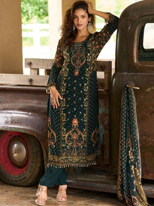 Women Ethnic Motifs Printed Regular Sequinned Silk Crepe Kurta with Trousers & With Dupatta