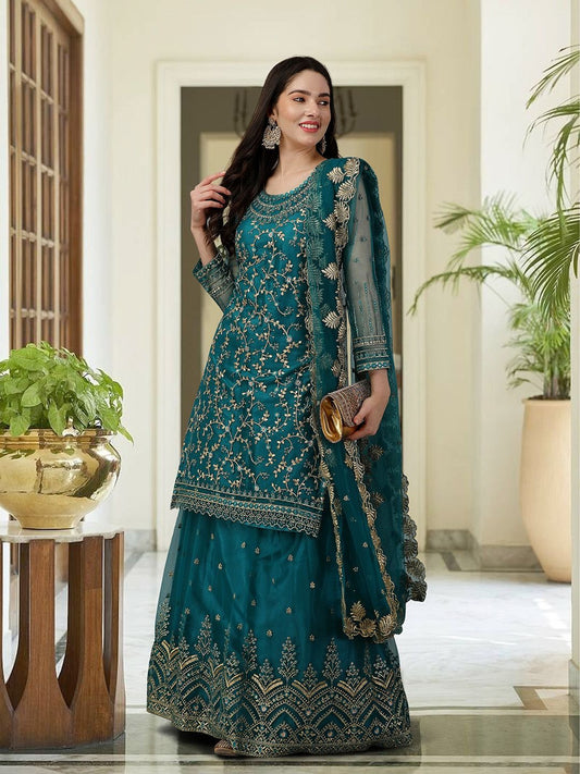 Floral Embroidered Regular Beads and Stones Kurta with Skirt & Dupatta