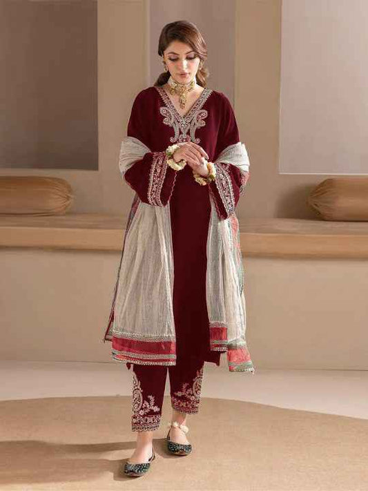 Floral Embroidered Velvet V-Neck A-Line Kurta with Trousers & Dupatta