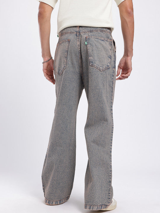 Men Loose Bootcut Pleated Vintage Wash Mid-Rise Jeans