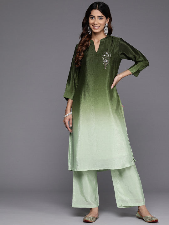 Dyed Mandarin Collar Sequinned & Beaded Kurta With Trouser