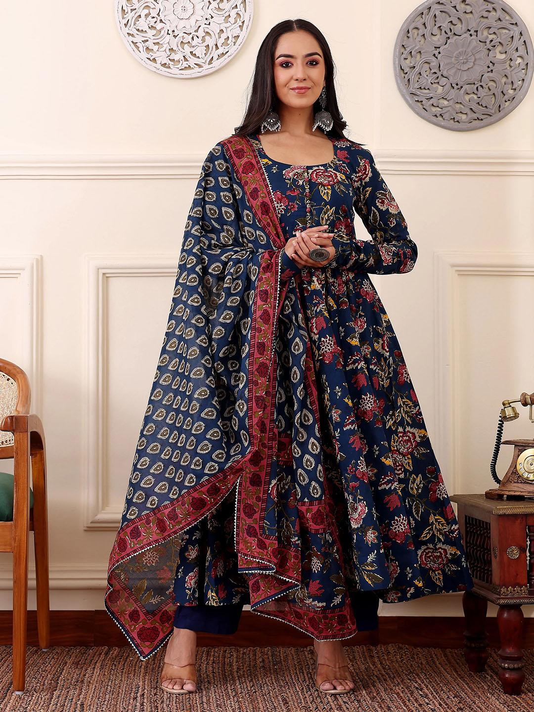Floral Printed Anarkali Kurta With Trousers And Dupatta
