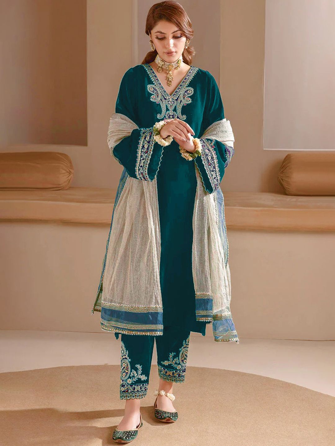 Floral Embroidered Velvet V-Neck A-Line Kurta with Trousers & Dupatta