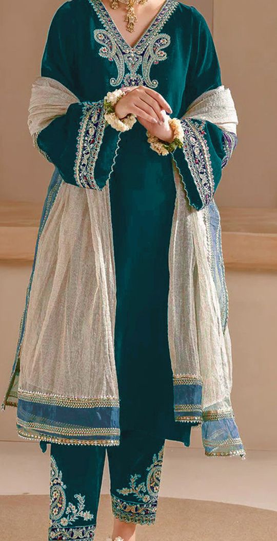 Floral Embroidered Velvet V-Neck A-Line Kurta with Trousers & Dupatta