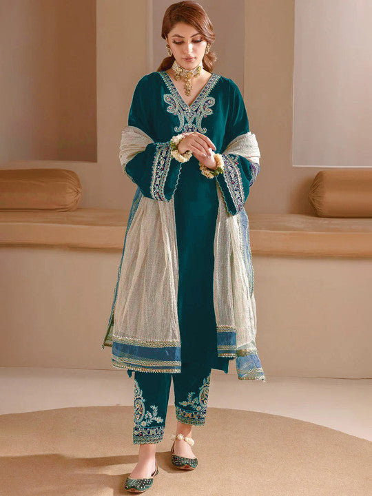 Floral Embroidered Velvet V-Neck A-Line Kurta with Trousers & Dupatta