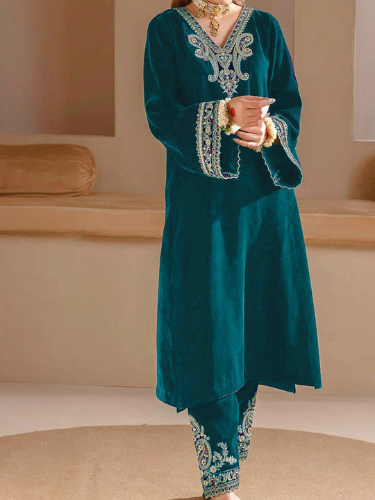 Floral Embroidered Velvet V-Neck A-Line Kurta with Trousers & Dupatta