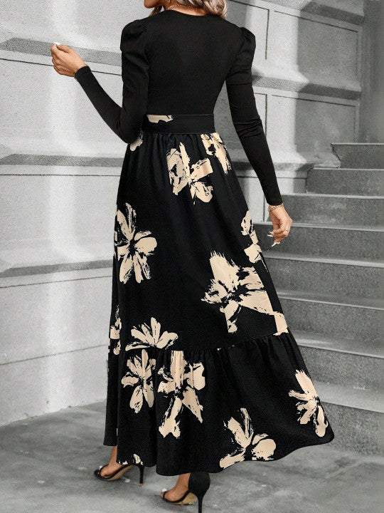 Floral Print Puff Sleeve Fit & Flare Maxi Dress