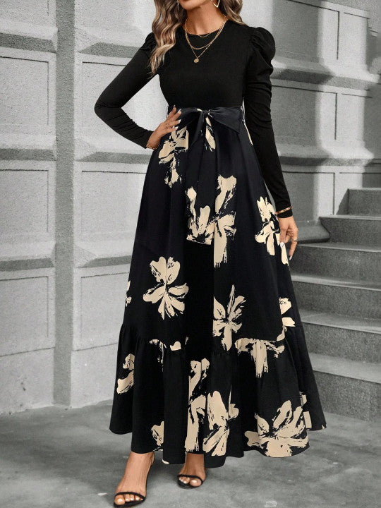 Floral Print Puff Sleeve Fit & Flare Maxi Dress