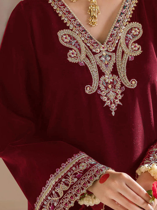 Floral Embroidered Velvet V-Neck A-Line Kurta with Trousers & Dupatta