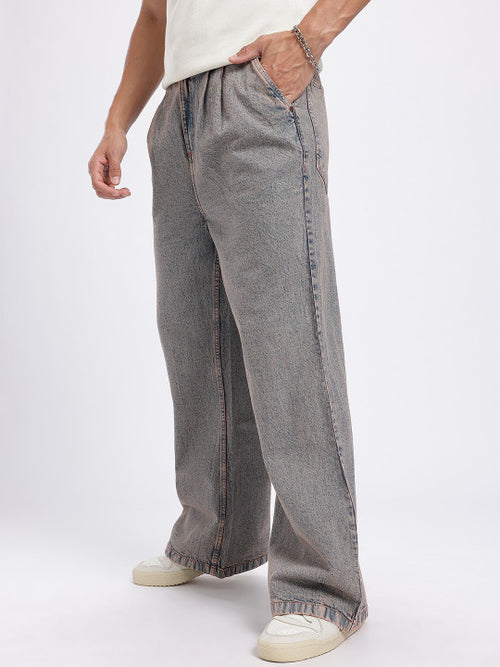 Men Loose Bootcut Pleated Vintage Wash Mid-Rise Jeans