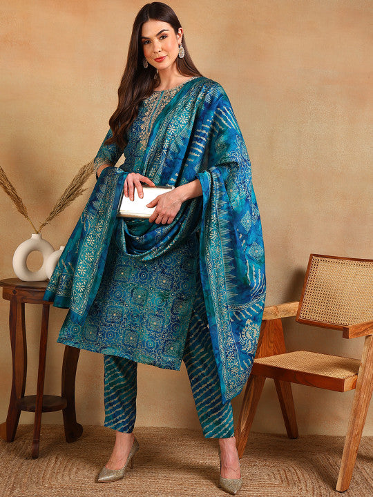 Ethnic Motifs Printed Thread Work Straight Kurta With Trouser & Dupatta