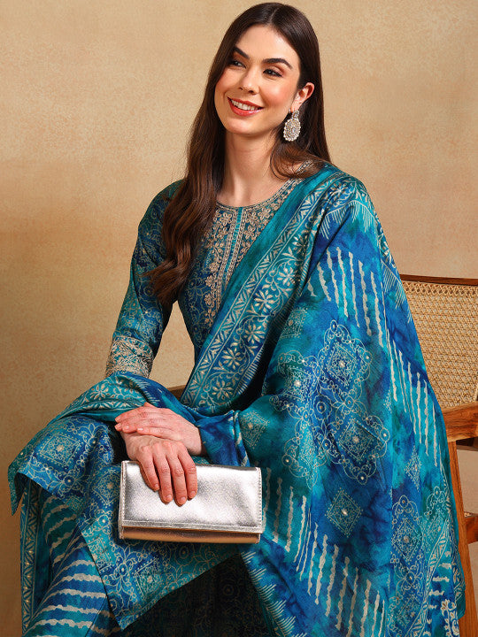 Ethnic Motifs Printed Thread Work Straight Kurta With Trouser & Dupatta