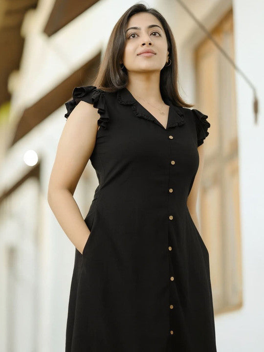 Colourblocked Puff Sleeve Ruffled A-Line Midi Dress