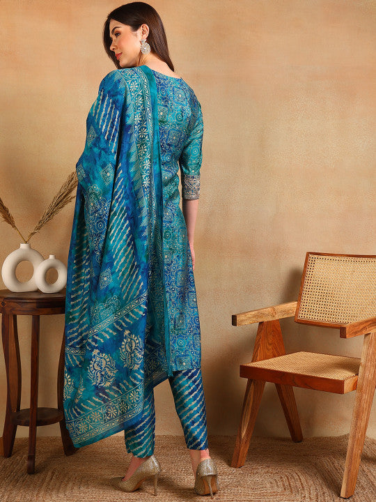 Ethnic Motifs Printed Thread Work Straight Kurta With Trouser & Dupatta