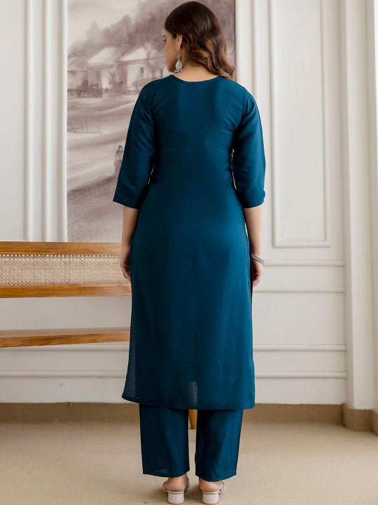 Women Floral Embroidered Regular Chanderi Cotton Kurta with Trousers & With Dupatta