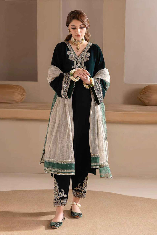 Floral Embroidered Velvet V-Neck A-Line Kurta with Trousers & Dupatta