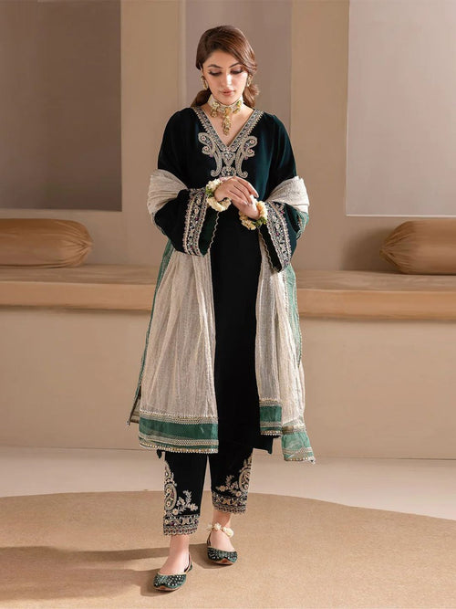 Floral Embroidered Velvet V-Neck A-Line Kurta with Trousers & Dupatta