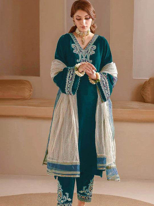 Floral Embroidered Velvet V-Neck A-Line Kurta with Trousers & Dupatta