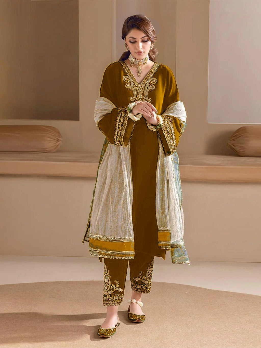 Floral Embroidered Velvet V-Neck A-Line Kurta with Trousers & Dupatta