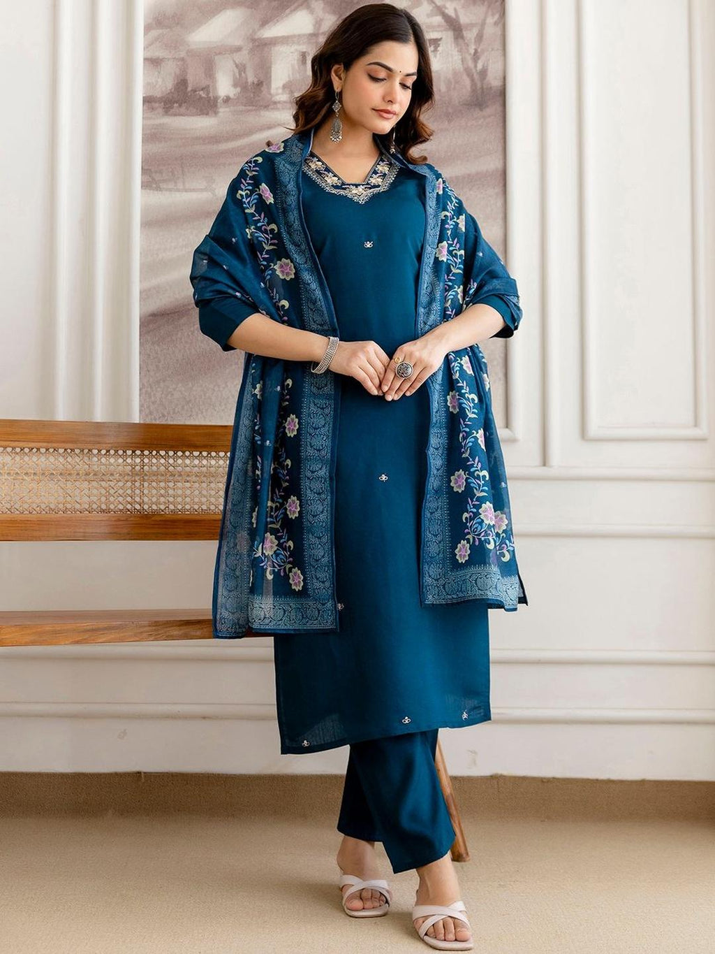 Women Floral Embroidered Regular Chanderi Cotton Kurta with Trousers & With Dupatta