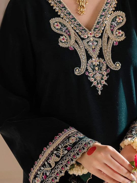 Floral Embroidered Velvet V-Neck A-Line Kurta with Trousers & Dupatta