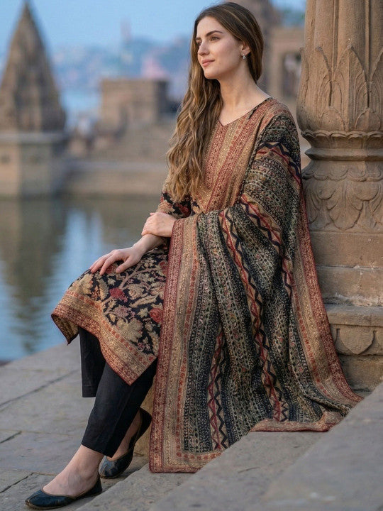 Women Ethnic Motifs Printed Regular Thread Work Kurta with Trousers & With Dupatta