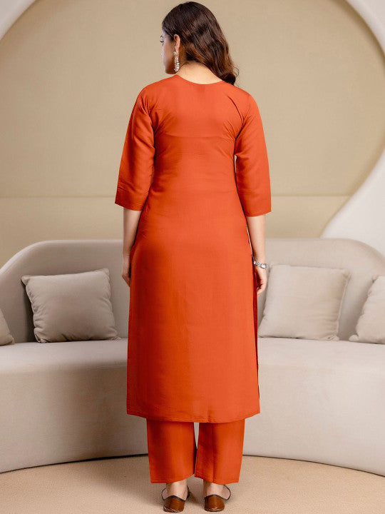 Women Floral Embroidered Regular Chanderi Cotton Kurta with Trousers & With Dupatta