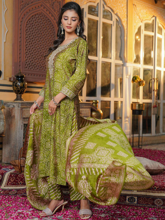 Ethnic Motifs Printed Thread Work Straight Kurta With Trouser & Dupatta