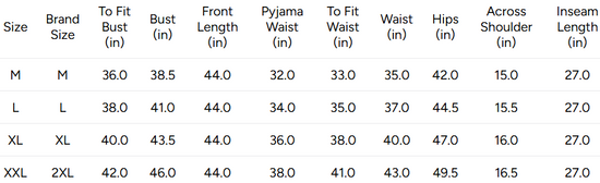 A size chart table showing measurements for sizes M through XXL, including brand size, to fit bust, bust, front length, pyjama waist, to fit waist, waist, hips, across shoulder, and inseam length.