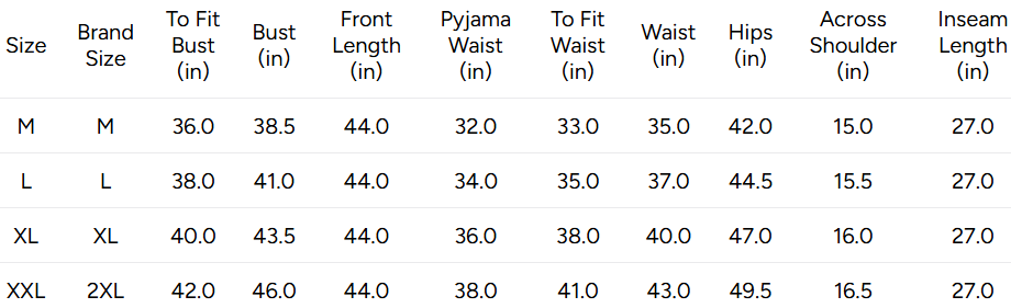 A size chart table showing measurements for sizes M through XXL, including brand size, to fit bust, bust, front length, pyjama waist, to fit waist, waist, hips, across shoulder, and inseam length.