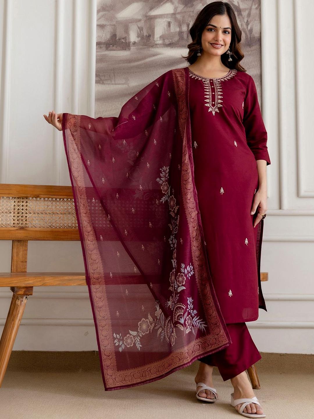 Women Floral Embroidered Regular Chanderi Cotton Kurta with Trousers & With Dupatta