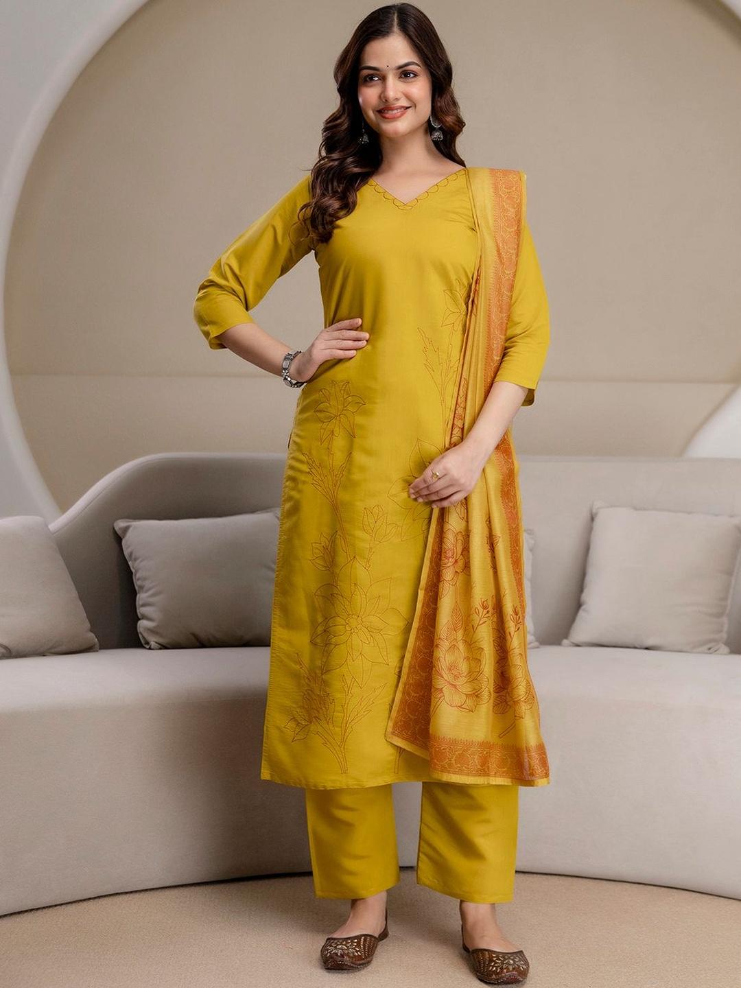 Women Floral Embroidered Regular Chanderi Cotton Kurta with Trousers & With Dupatta