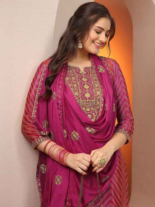 Women Regular Thread Work Kurta with Palazzos & With Dupatta