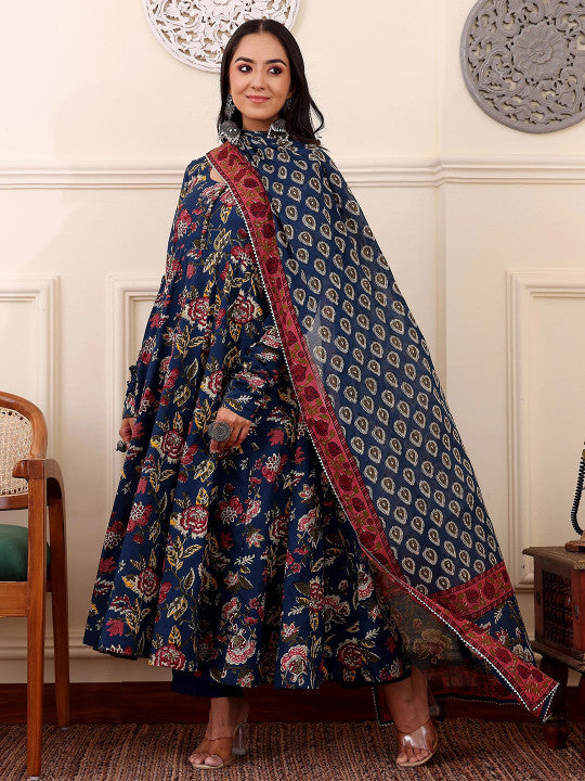 Floral Printed Anarkali Kurta With Trousers And Dupatta