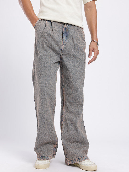 Men Loose Bootcut Pleated Vintage Wash Mid-Rise Jeans